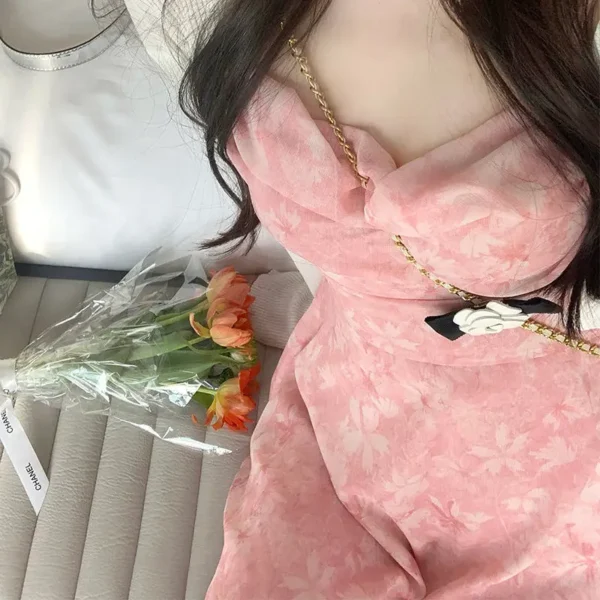 Pink floral dress, slim fit, high waist, summer party mini - Image 5