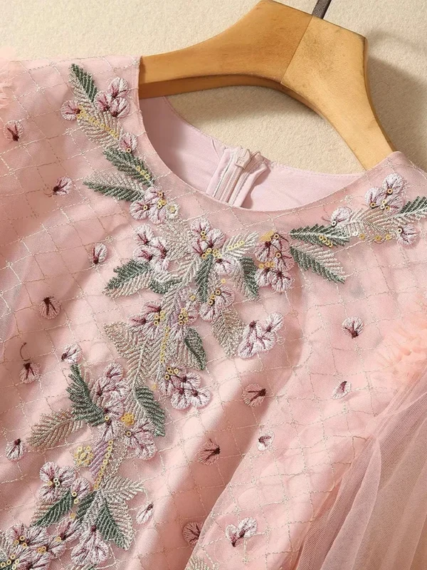Pink Floral Dress: Luxury Embroidered Lantern Sleeve Party Gown - Image 3