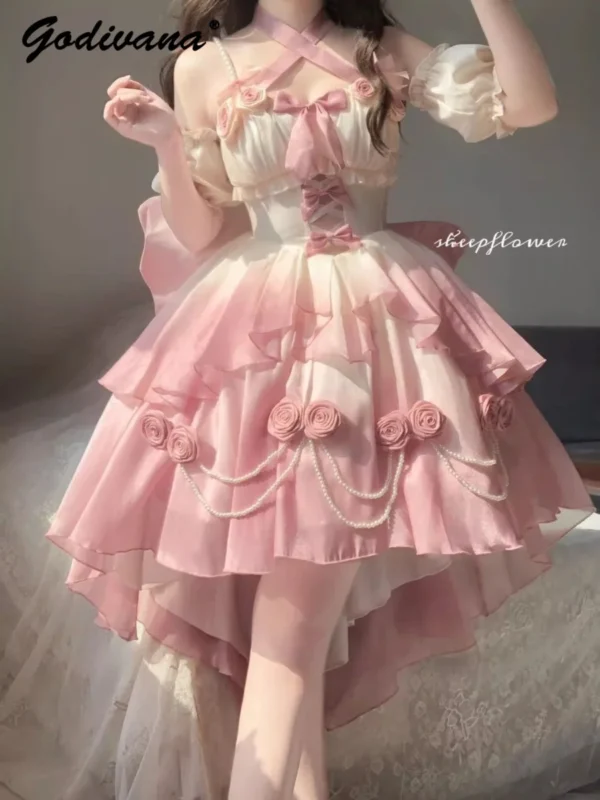 Pink floral dress with pearl beading, off-shoulder, puff sleeves