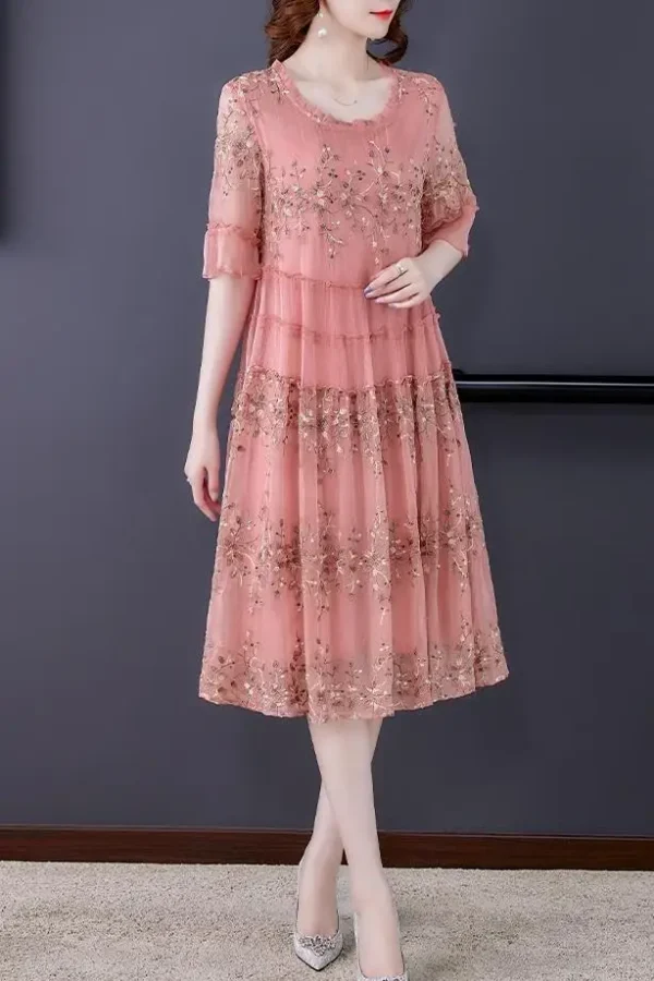 Pink floral dress with embroidery, sequins, and ruffled vintage style - Image 6