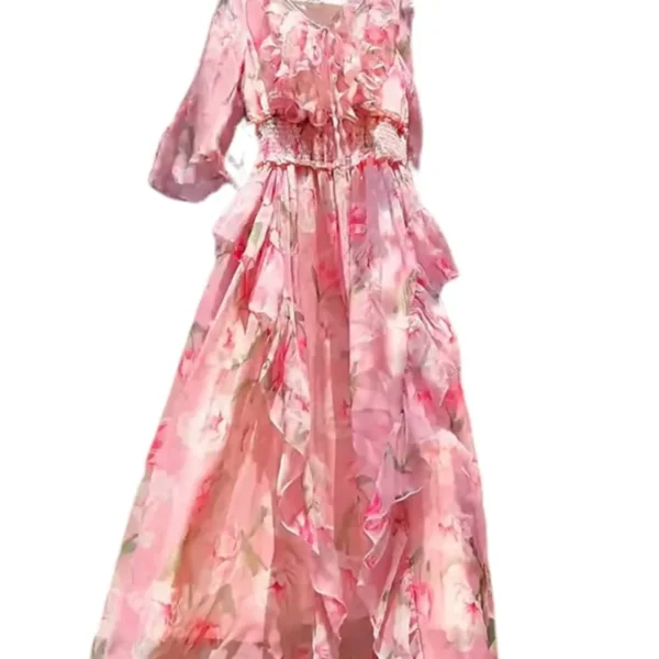 Pink Floral Dress: Sweet Seaside Holiday Chiffon Bottoming Dress - Image 5