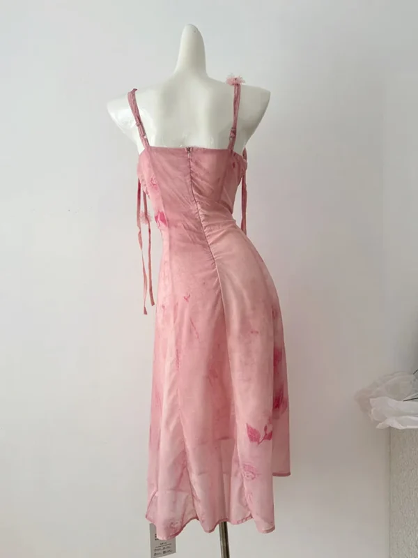 Pink floral dress with 3D flowers, slim fit, spaghetti straps - Image 3