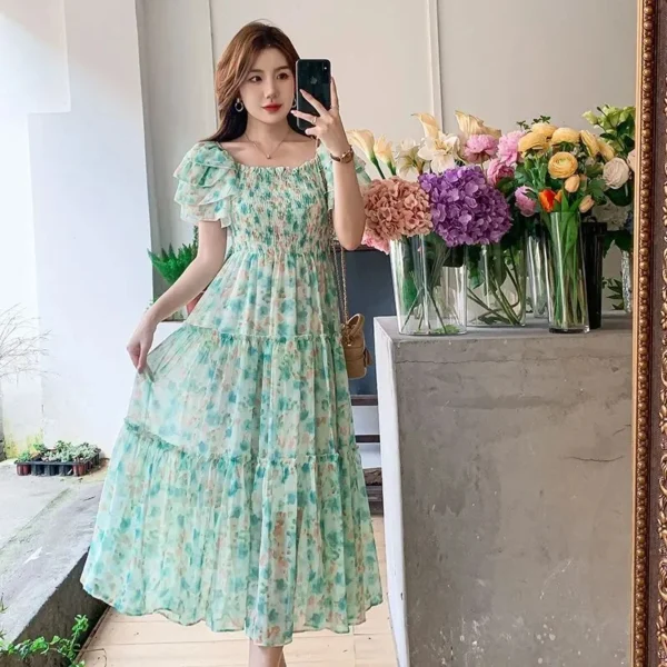 Pink floral dress: Elegant Boho chiffon beach casual prom bodycon - Image 3