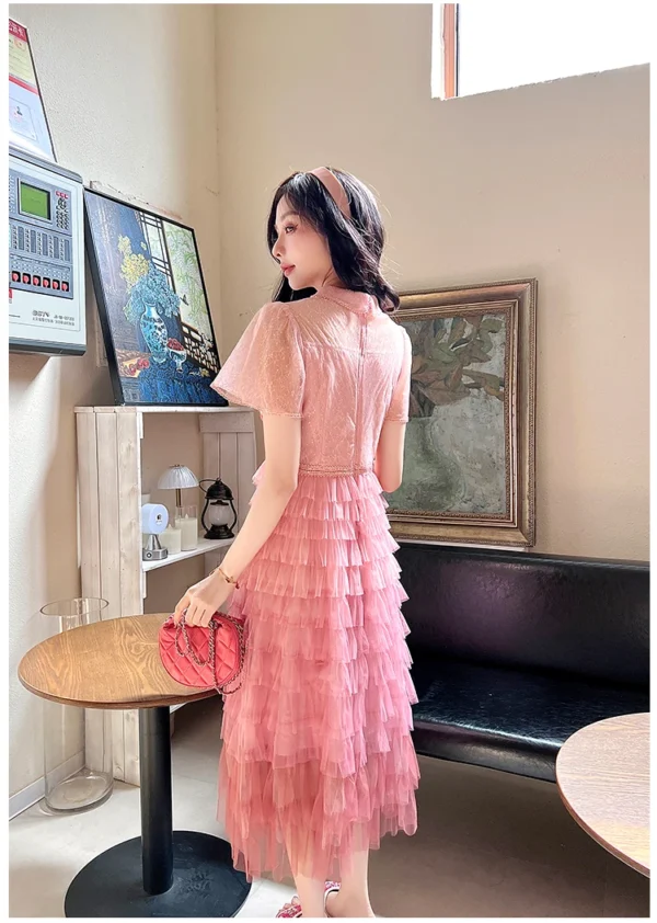 Pink floral dress with ruched lace, glitter, and flower appliques - Image 3