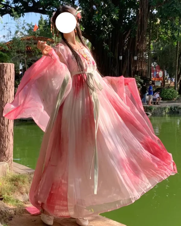 Pink floral dress, red Kezi skirt, big sleeves, Tang Dynasty costume. - Image 5