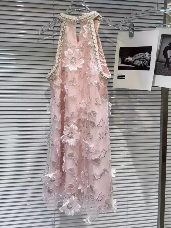 Pink Floral Dress: Sleeveless Mini with Pearls, Beading, Appliques - Image 2
