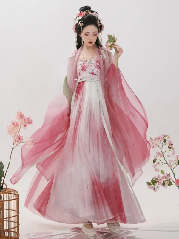Pink floral dress, red Kezi skirt, big sleeves, Tang Dynasty costume. - Image 2