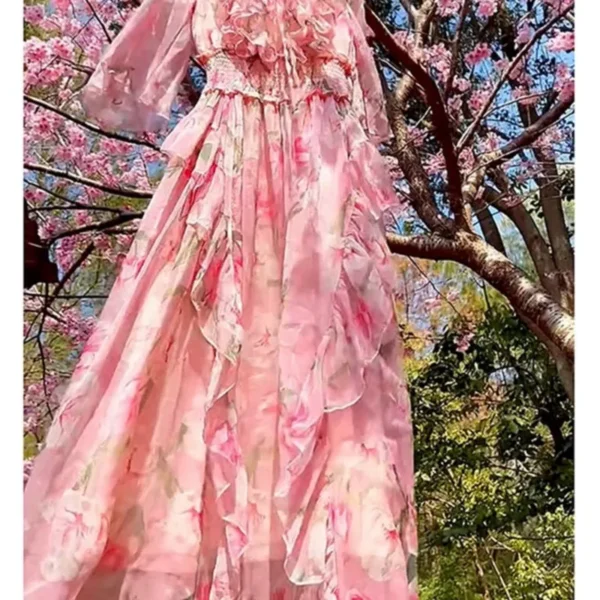 Pink Floral Dress: Sweet Seaside Holiday Chiffon Bottoming Dress - Image 2
