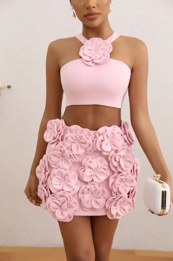 Pink floral dress, sexy halter off-shoulder bodycon mini for parties