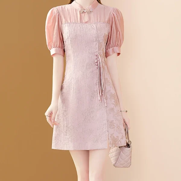 Pink floral dress with puff sleeves, A-line, and drawstring waist