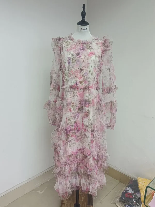 Pink floral dress, long sleeve, mesh tulle, summer midi - Image 2