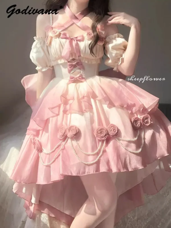 Pink floral dress with pearl beading, off-shoulder, puff sleeves - Image 3