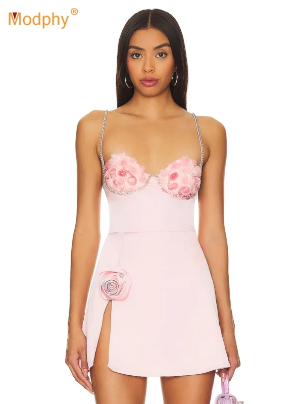 Pink floral dress with 3D flower appliques, spaghetti straps, and backless design