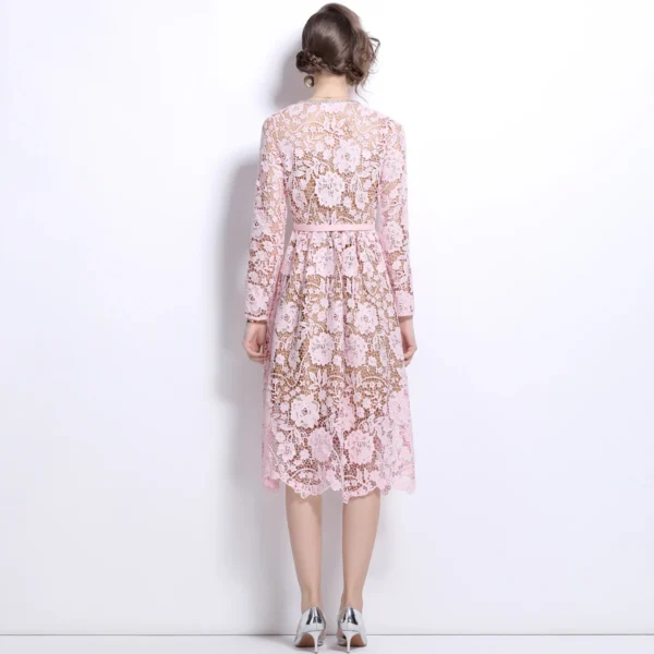 Pink floral dress with beading, lace, and long sleeves for evening parties - Image 4