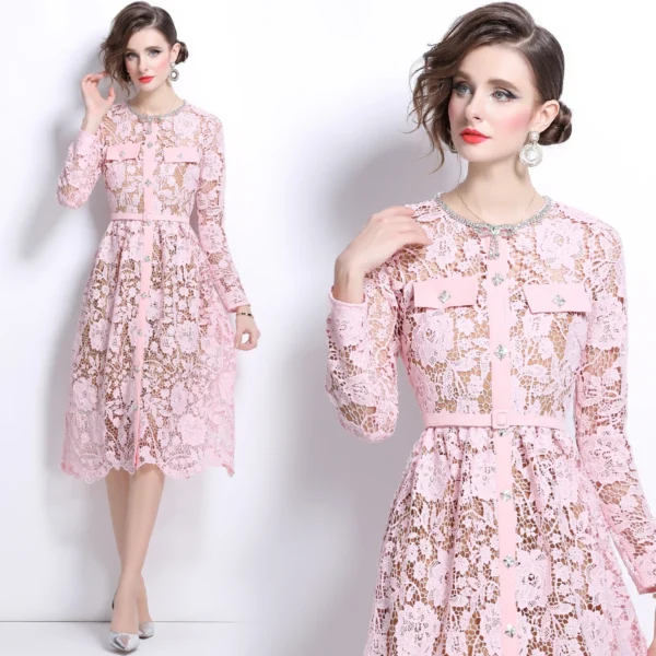 Pink floral dress with beading, lace, and long sleeves for evening parties - Image 2
