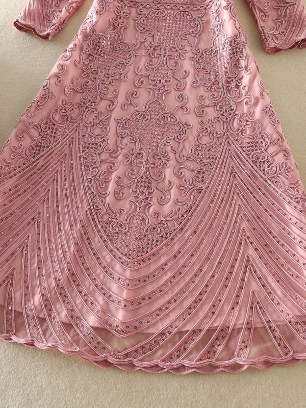 Pink floral dress with 3D gray flower embroidery and sequins - Image 6