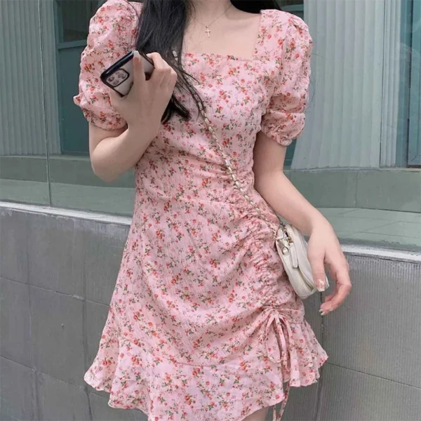 Pink Floral Dress: Summer Pleated Ruffle A-Line Beach Sundress