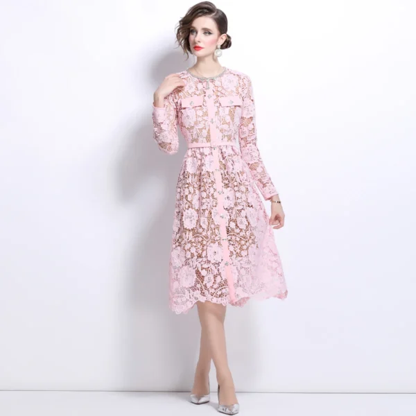 Pink floral dress with beading, lace, and long sleeves for evening parties