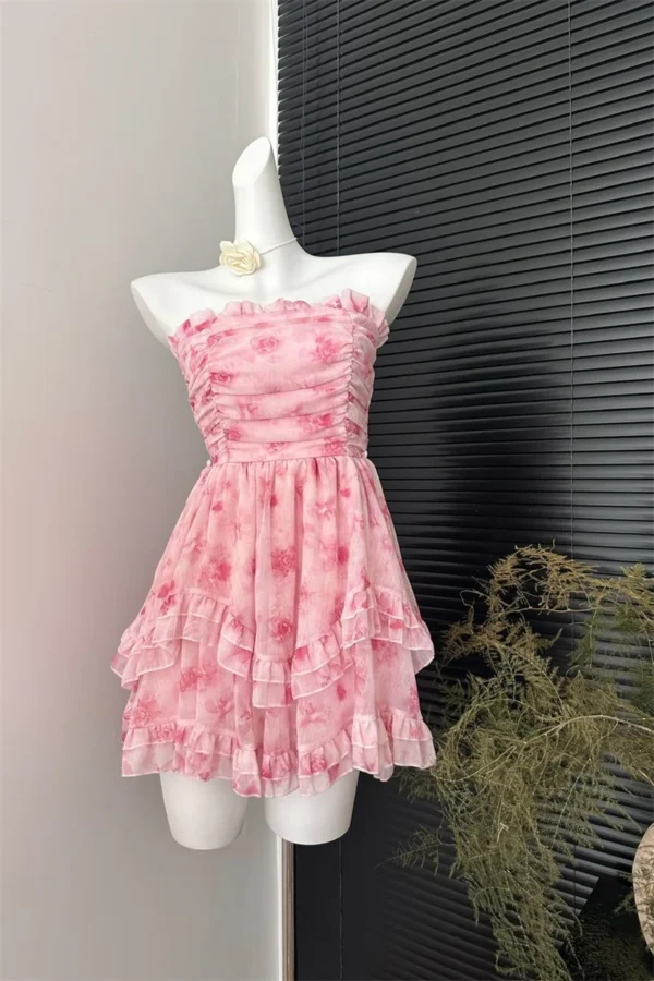 Pink floral dress, sleeveless, off-shoulder, vintage A-line mini frock - Image 4