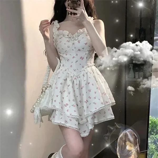 Pink floral dress, vintage sleeveless, elegant mini dress with straps - Image 4