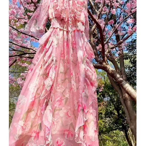 Pink Floral Dress: Sweet Seaside Holiday Chiffon Bottoming Dress - Image 3
