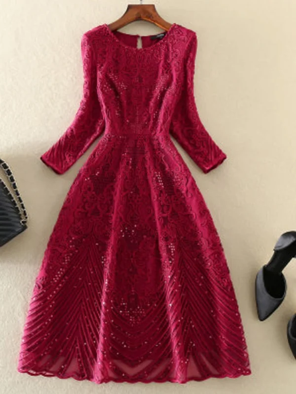 Pink floral dress with 3D gray flower embroidery and sequins - Image 3