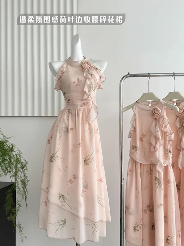 Elegant pink floral dress, sleeveless, ruffle, summer aesthetic, one-piece