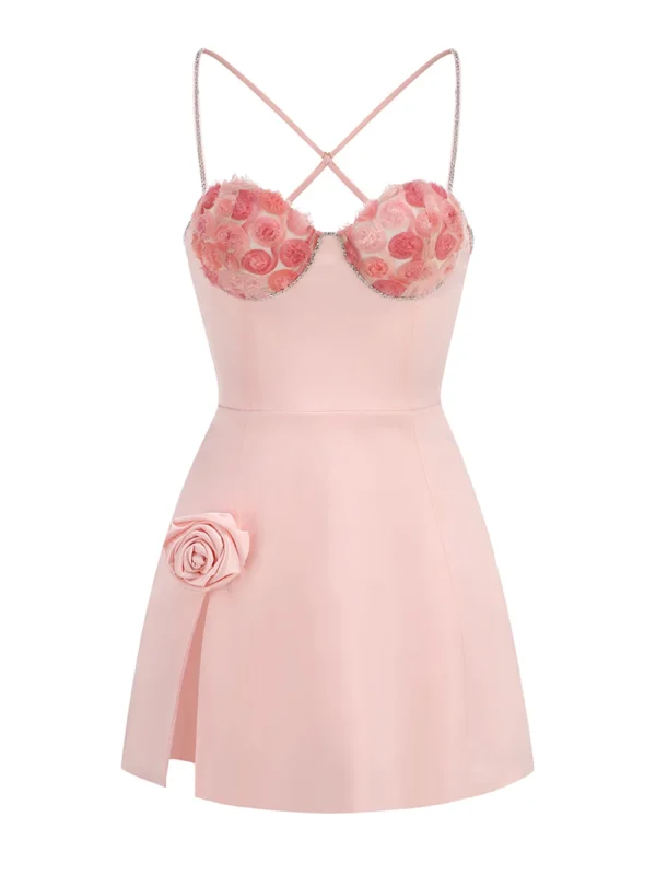 Pink floral dress with 3D flower appliques and split design - Image 2