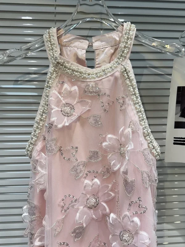 Pink Floral Dress: Sleeveless Mini with Pearls, Beading, Appliques - Image 3