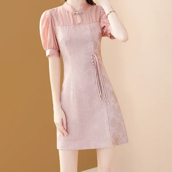 Pink floral dress with puff sleeves, A-line, and drawstring waist - Image 4