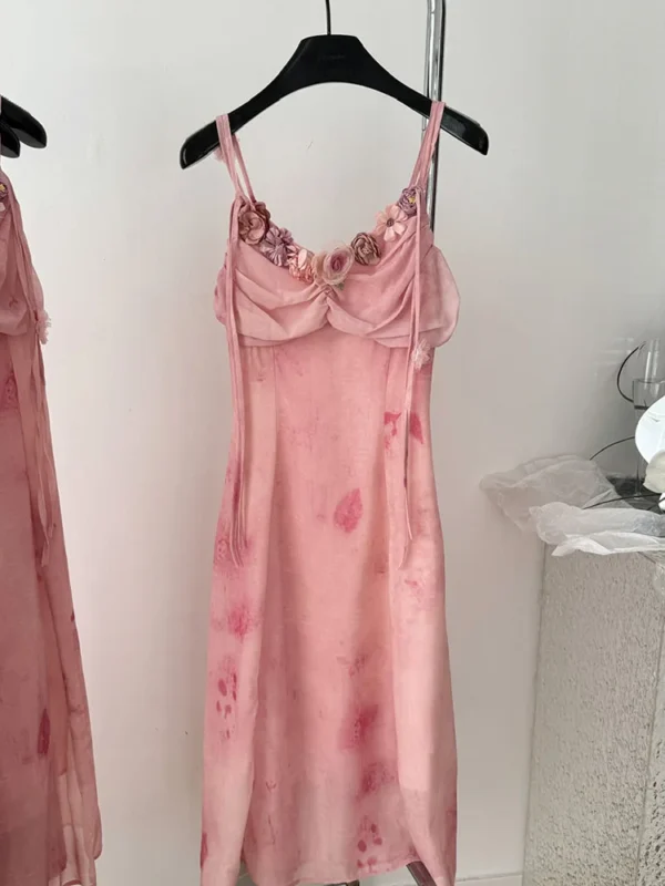 Pink floral dress with 3D flowers, slim fit, spaghetti straps - Image 2