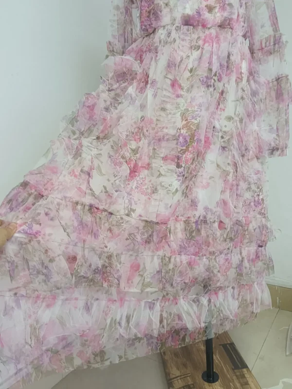 Pink floral dress, long sleeve, mesh tulle, summer midi - Image 3