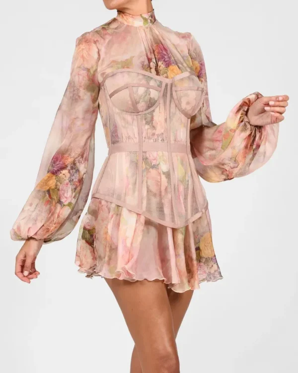 Pink floral dress with long puff sleeves and fishbone waist seal