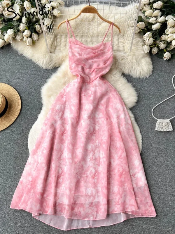 Pink Floral Dress: Spaghetti Strap Backless Sleeveless Summer Chic