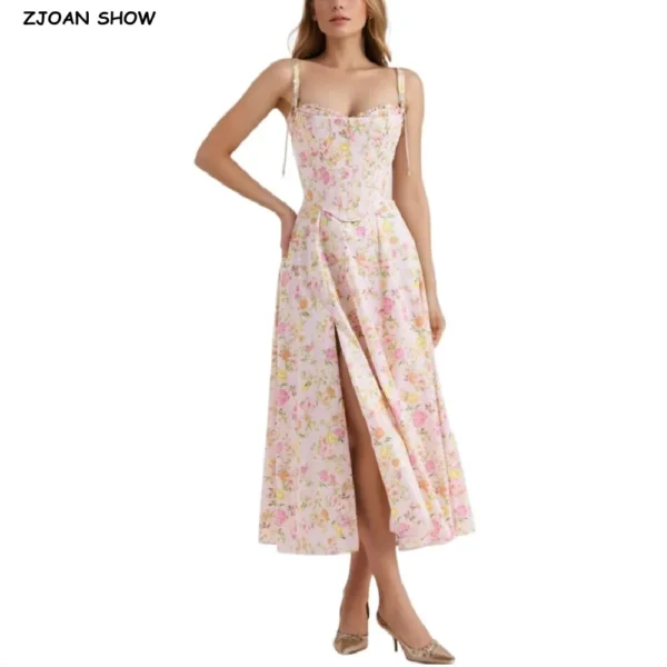 Pink floral dress with cross bandage lacing and slit hem