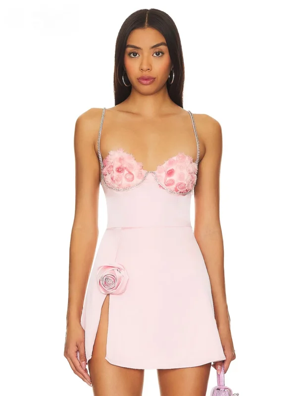 Pink floral dress with 3D flower appliques and split design
