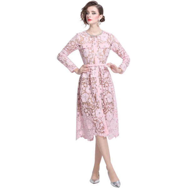 Pink floral dress with beading, lace, and long sleeves for evening parties - Image 5
