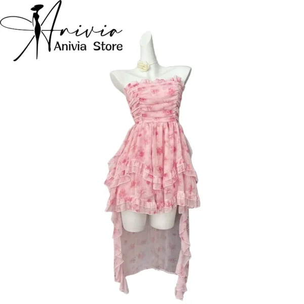 Pink floral dress, sleeveless, off-shoulder, vintage A-line mini frock