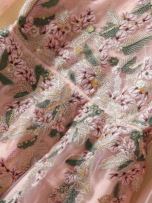 Pink Floral Dress: Luxury Embroidered Lantern Sleeve Party Gown - Image 4