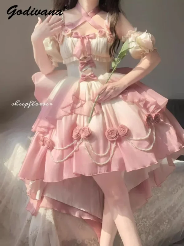 Pink floral dress with pearl beading, off-shoulder, puff sleeves - Image 2