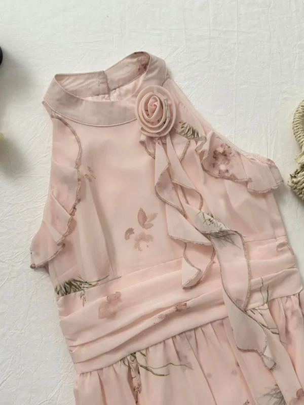 Elegant pink floral dress, sleeveless, ruffle, summer aesthetic, one-piece - Image 3