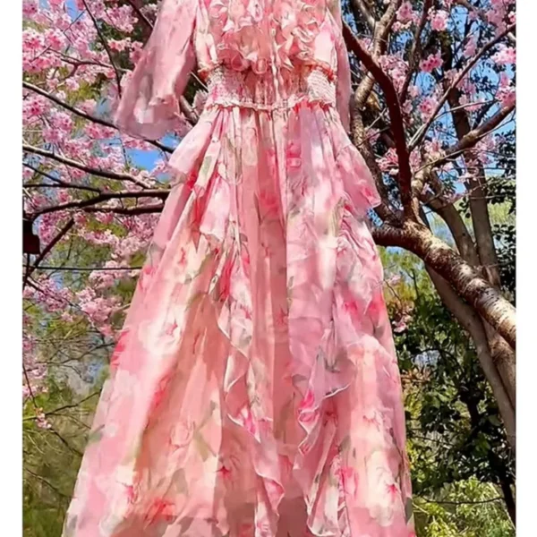 Pink Floral Dress: Sweet Seaside Holiday Chiffon Bottoming Dress - Image 4