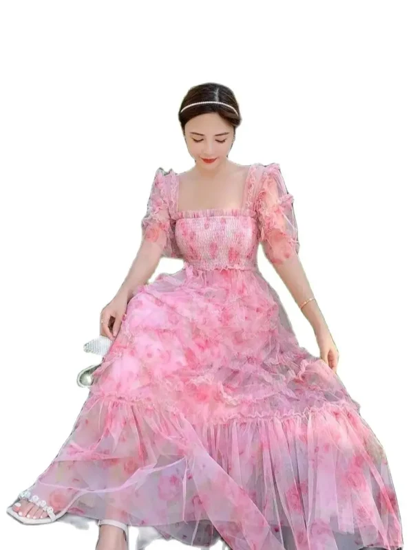 Pink Floral Dress: Elegant Summer Beach Party Aesthetic Long Dress - Image 2