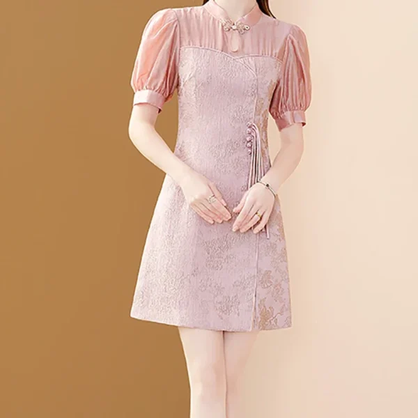 Pink floral dress with puff sleeves, A-line, and drawstring waist - Image 2