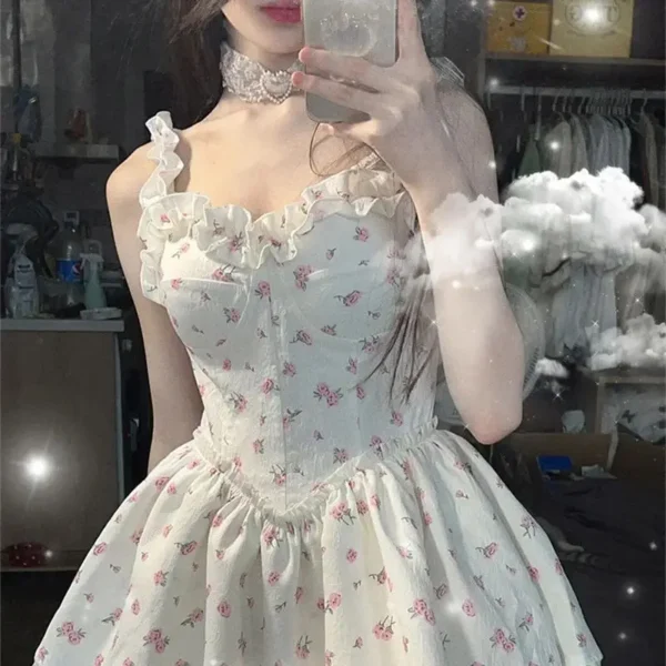 Pink floral dress, vintage sleeveless, elegant mini dress with straps - Image 3