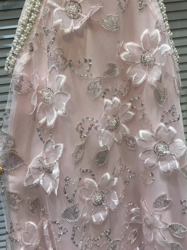 Pink Floral Dress: Sleeveless Mini with Pearls, Beading, Appliques - Image 4