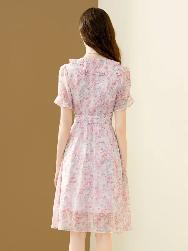 Pink floral dress, elegant chiffon, V-neck A-line party dress - Image 3