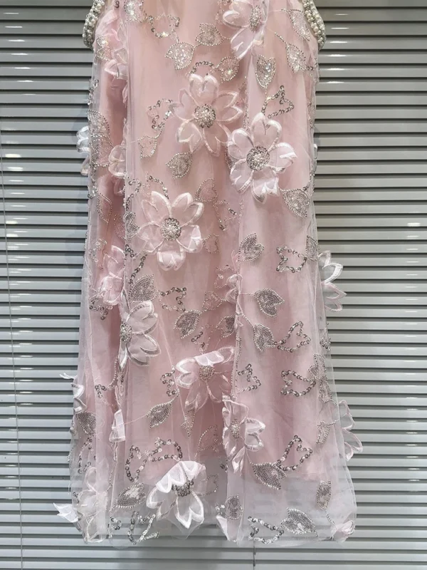Pink Floral Dress: Sleeveless Mini with Pearls, Beading, Appliques - Image 5