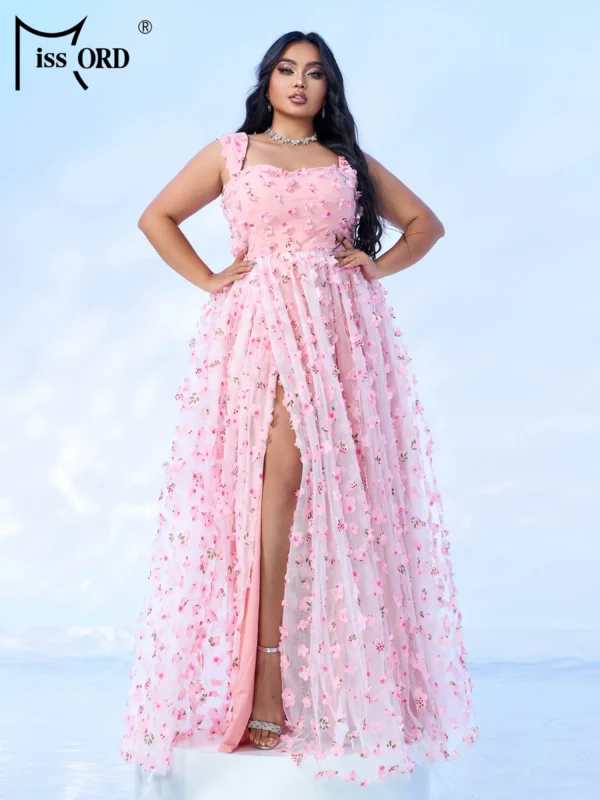 Pink floral dress, elegant spaghetti strap mesh formal occasion dress