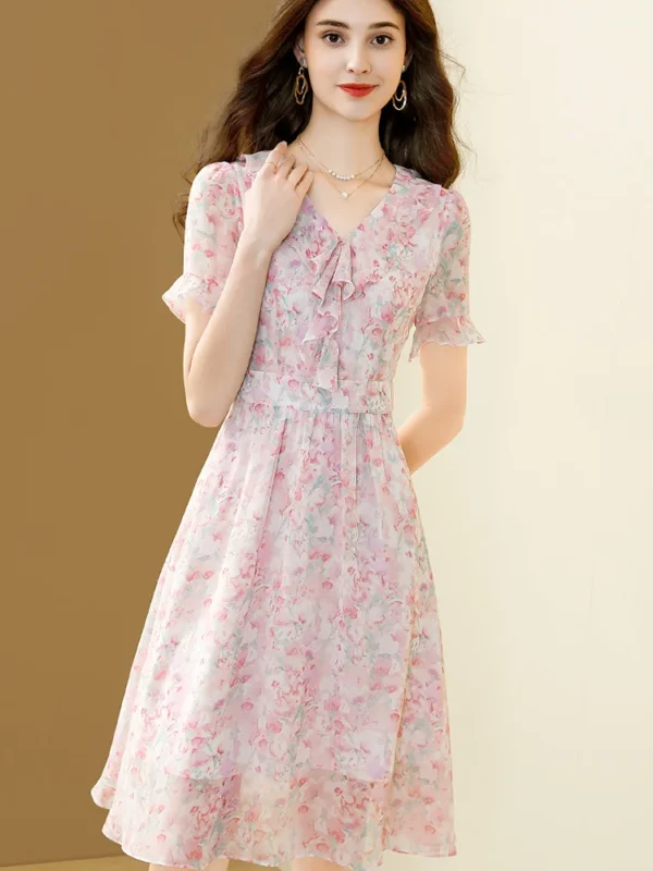 Pink floral dress, elegant chiffon, V-neck A-line party dress - Image 6